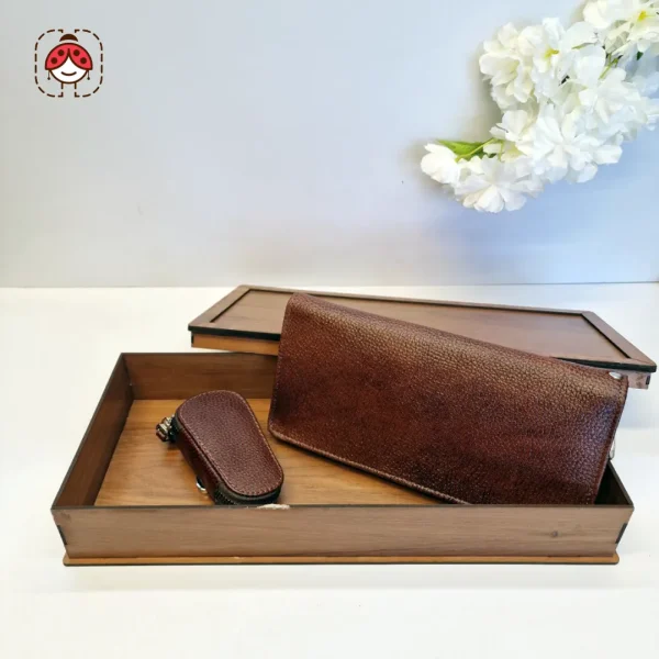 ست چرم جا کلیدی و کیف پول رنگ قهوه ای